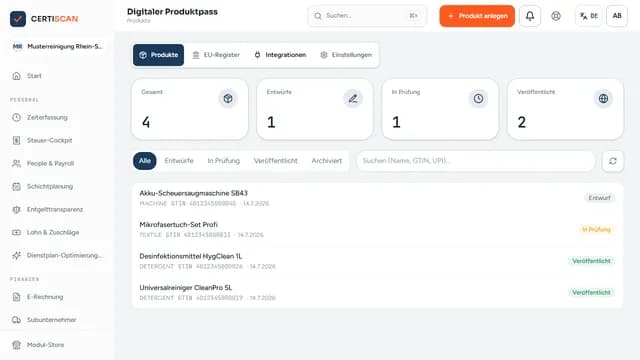 Digitaler Produktpass in CERTISCAN (im Aufbau): Pass-Authoring, über eine dauerhafte öffentliche URL abrufbar — bleibt auch nach Abo-Ende lesbar.